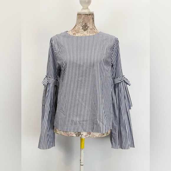 CATHERINE MALANDRINO Blue and white stripe bell sleeve blouse‎ size S. - Picture 6 of 13